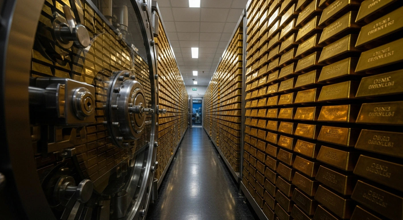 A low-angle view of a massive, gleaming vault door opening to reveal meticulously stacked gold bars, symbolizing Brazil's central bank boosting its gold holdings to 172.4 tons to diversify reserves and mitigate global economic uncertainties.