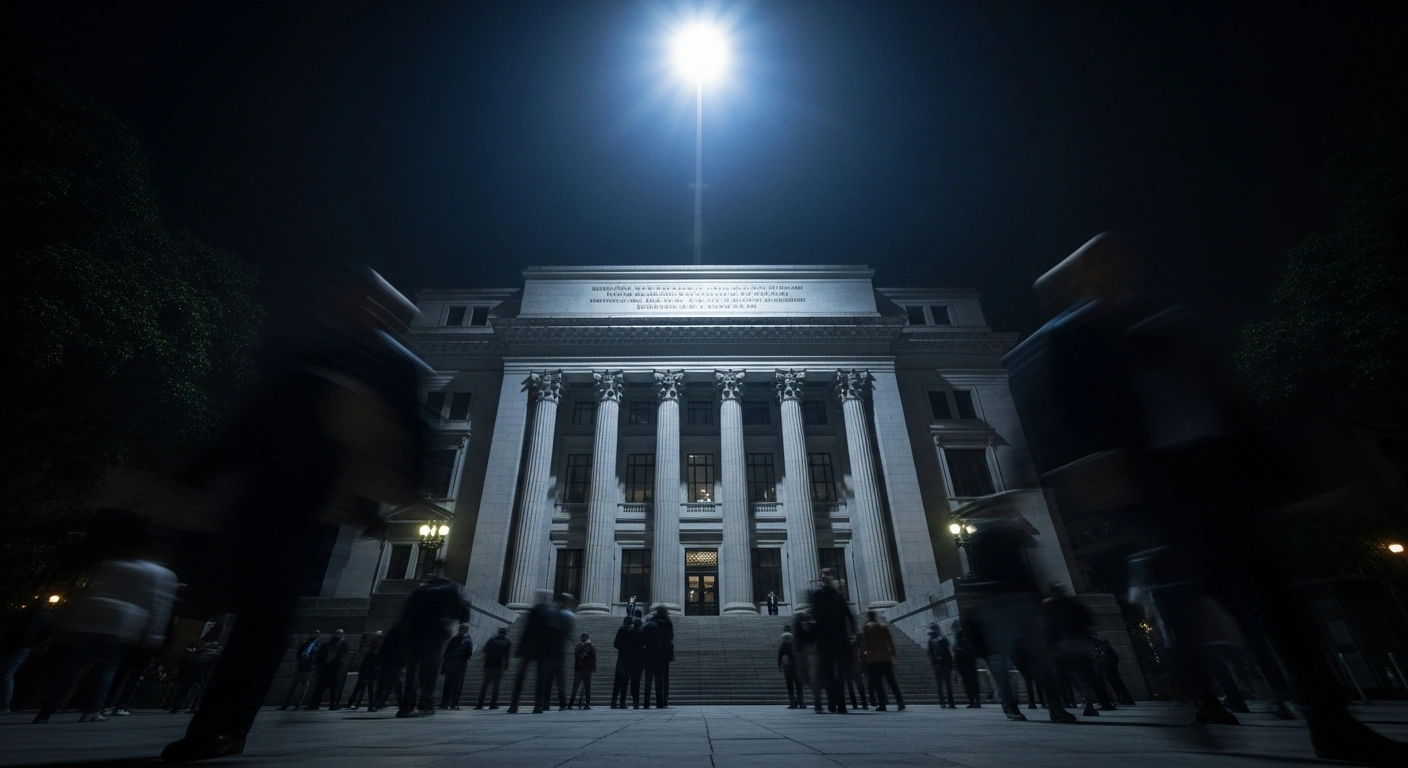 An imposing, neoclassical building, representing Brazil's central bank, stands steadfast under a strong spotlight, symbolizing its decision to maintain the benchmark Selic interest rate at 15.00%, while a blurred, dynamic background suggests global uncertainties and market expectations for a cut.