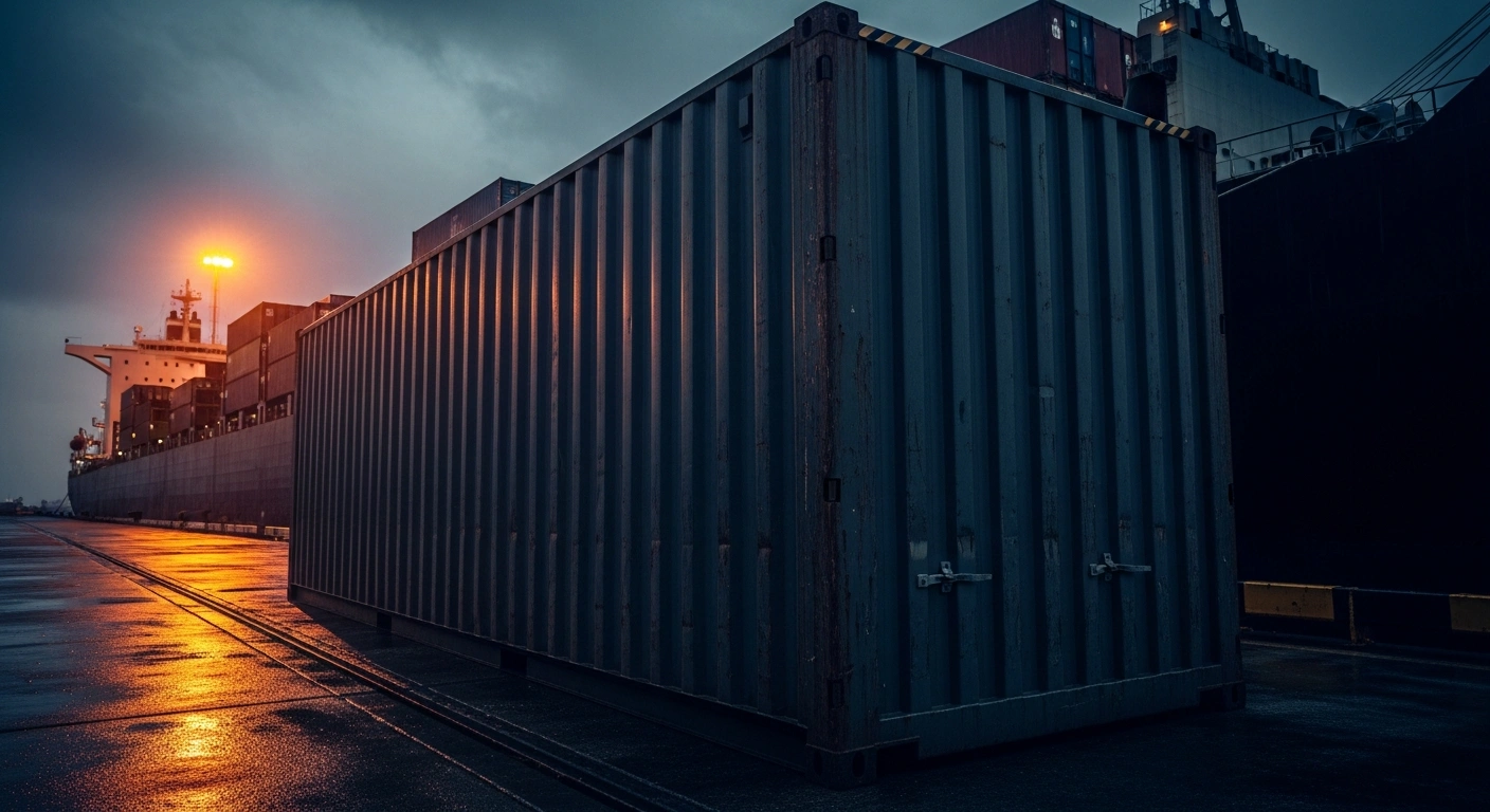 A large steel shipping container sits on a dark industrial dock as Brazil challenges United States steel and aluminum tariffs at the World Trade Organization.