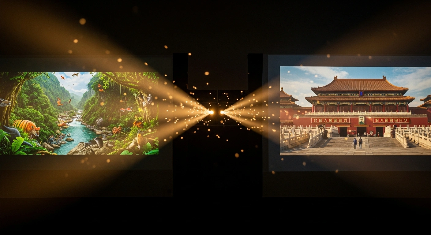 Two film projectors display images of Brazilian nature and Chinese architecture to represent the audiovisual cooperation agreement between Brazil and China.