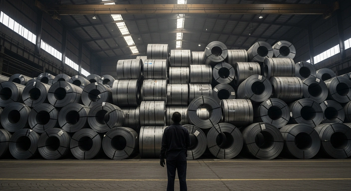 A dimly lit industrial warehouse in Brazil shows towering stacks of unbranded hot-rolled steel coils, with a lone worker observing the overwhelming volume, symbolizing the ongoing investigation into Chinese HRC dumping without provisional anti-dumping duties being imposed.