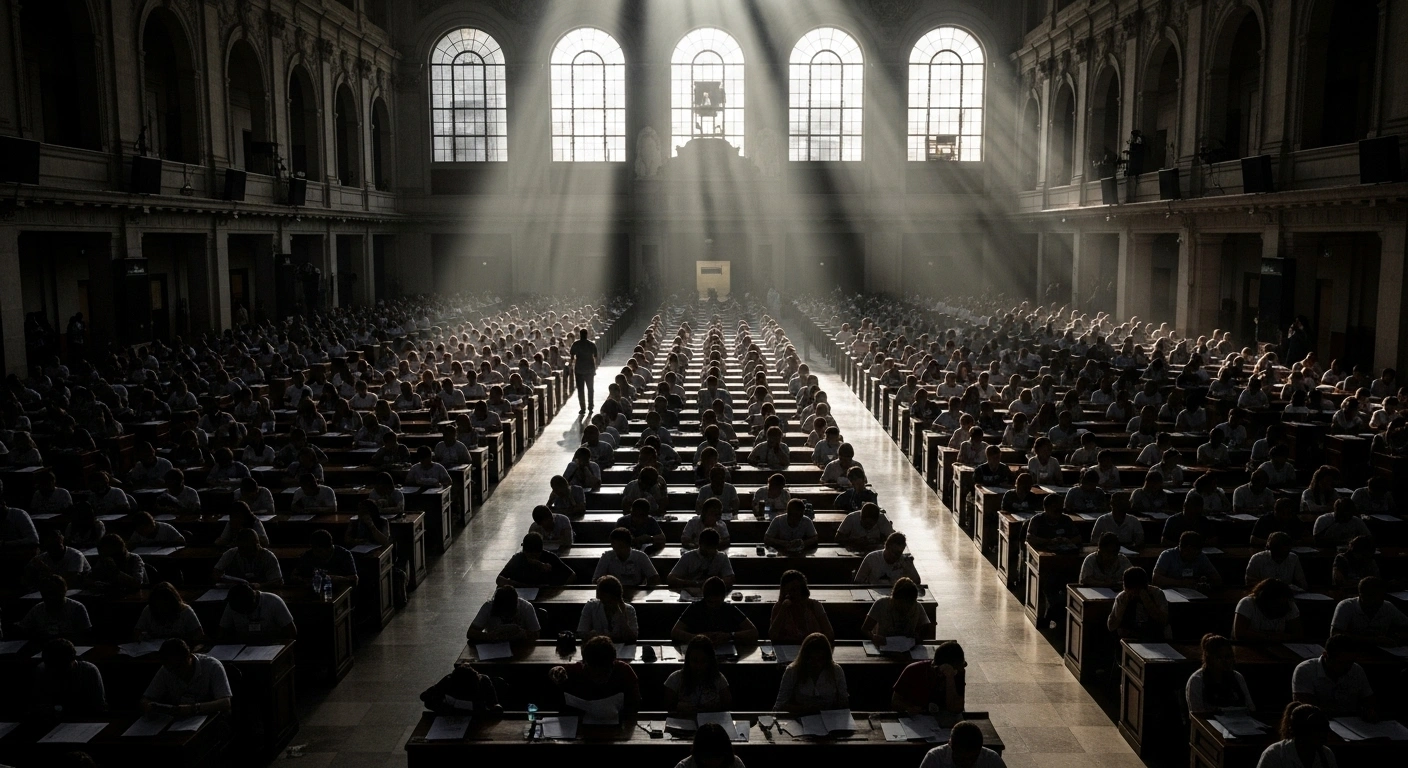 A wide, elevated shot captures a vast hall filled with hundreds of individuals, their faces illuminated by the soft glow of screens or papers, representing the 761,000 candidates who participated in Brazil's Unified National Contest (CNU) 2025 for 3,652 federal government vacancies, reflecting on the recently released preliminary answer keys.