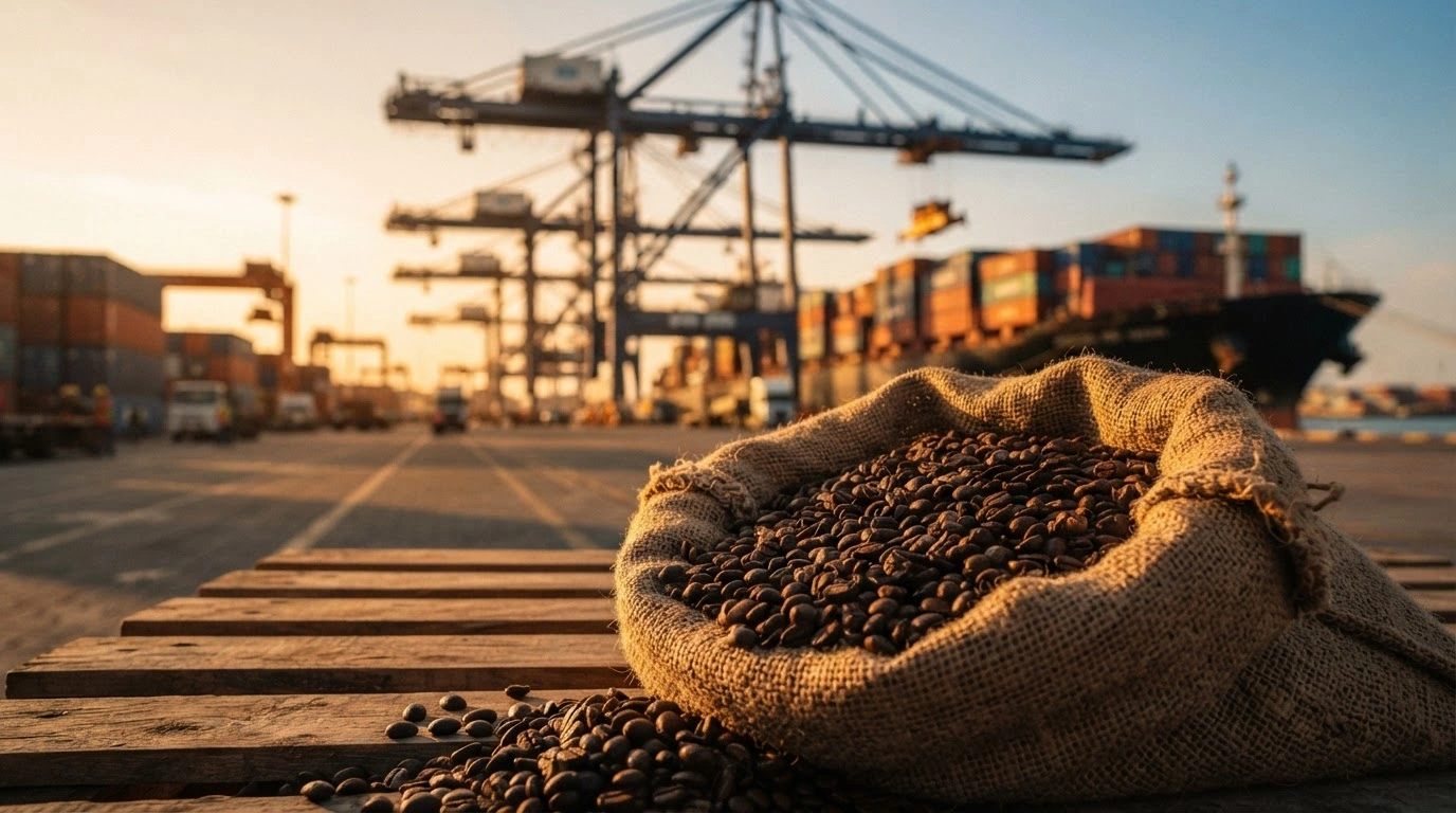 A close-up of burlap sacks filled with coffee beans at a busy Brazilian port during a surge in international coffee exports.