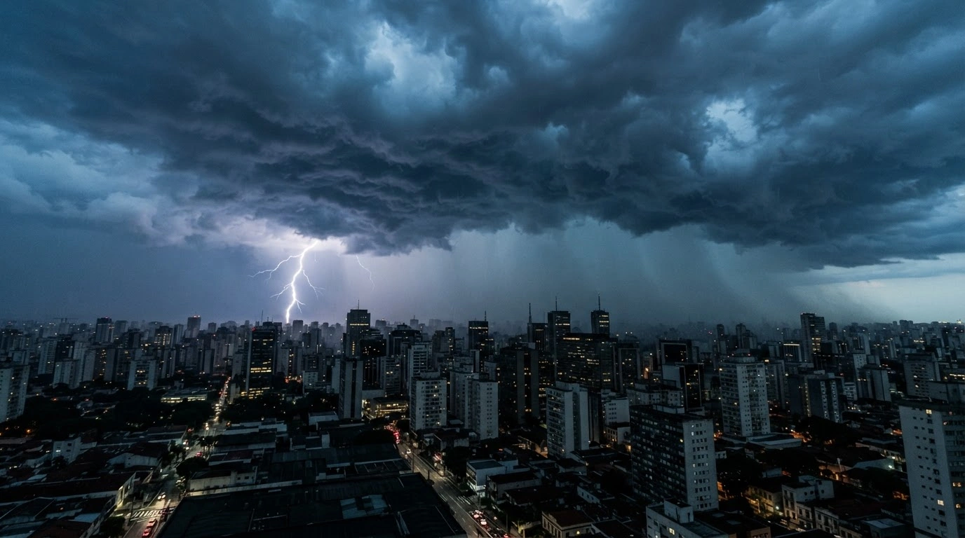 A powerful cold front with dark storm clouds and heavy rain approaches the skyline of a major Brazilian city in the Southeast region.