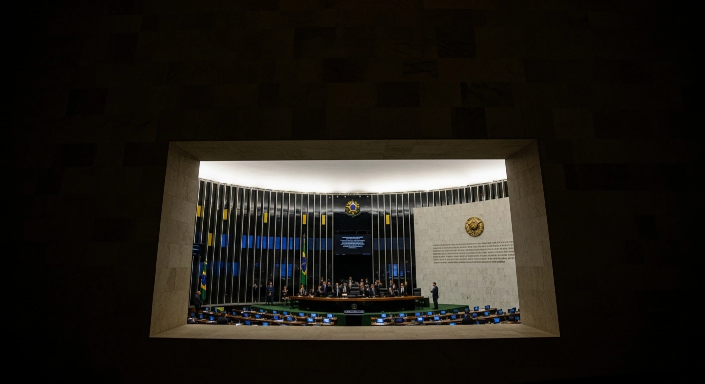 A dramatic low-angle photograph captures the interior of Brazil's Congress, featuring two brightly illuminated areas on opposing sides, symbolizing competing Parliamentary Commissions of Inquiry (CPIs) into Organized Crime and alleged National Social Security Institute (INSS) fraud, with a shadowed central corridor representing intense legislative scrutiny and political maneuvering in Brasília.