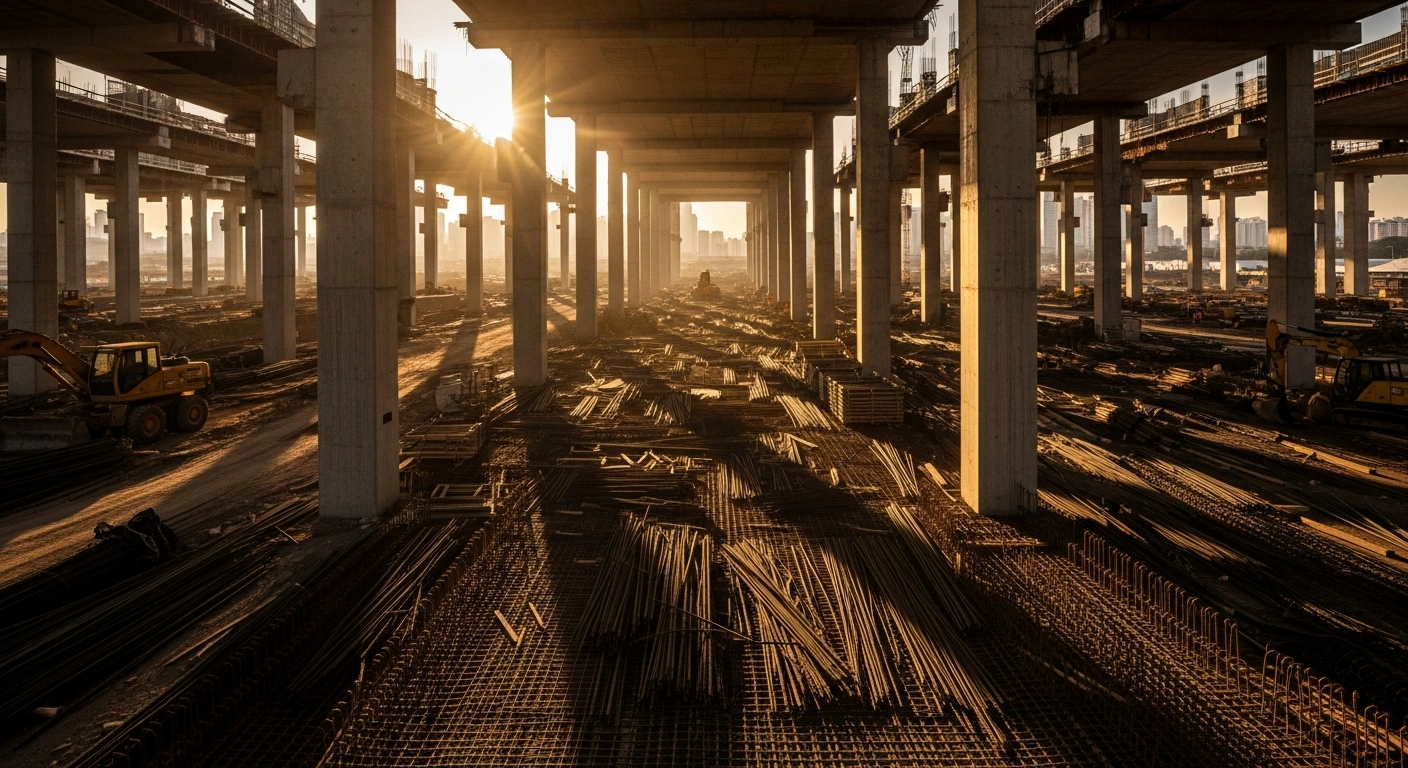 A wide, low-angle shot of a vast, sun-drenched construction site in Brazil, featuring skeletal concrete pillars and scattered heavy machinery under a late afternoon sky, visually representing the critical shortage of qualified professionals in the heavy construction sector and its impact on infrastructure projects.