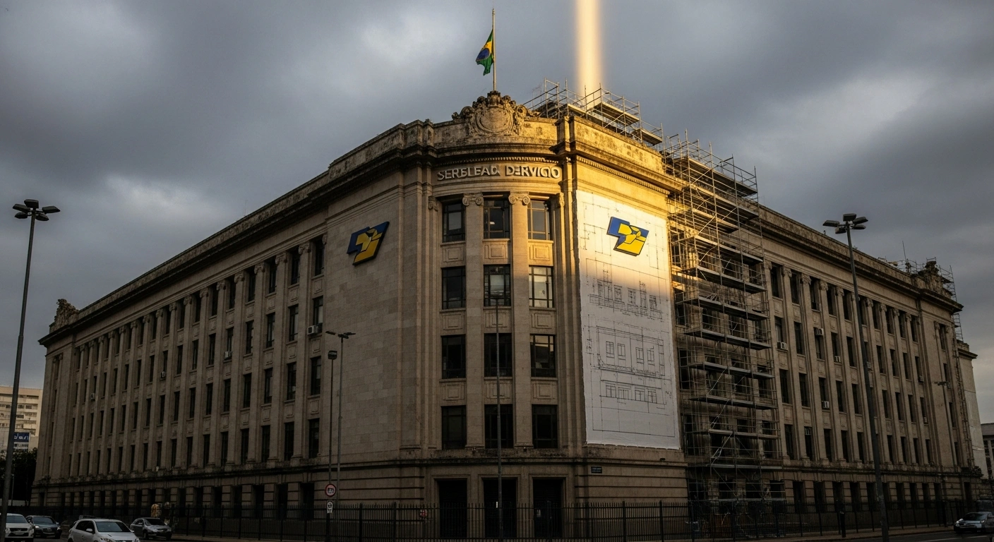A grand, weathered Brazilian postal service building, representing Correios, stands under an overcast sky, with a focused beam of sunlight illuminating modern scaffolding and a blueprint, symbolizing its comprehensive restructuring plan to combat a R$23 billion deficit, secure a R$12 billion loan, sell assets, and implement a voluntary severance program to achieve profitability by 2027.