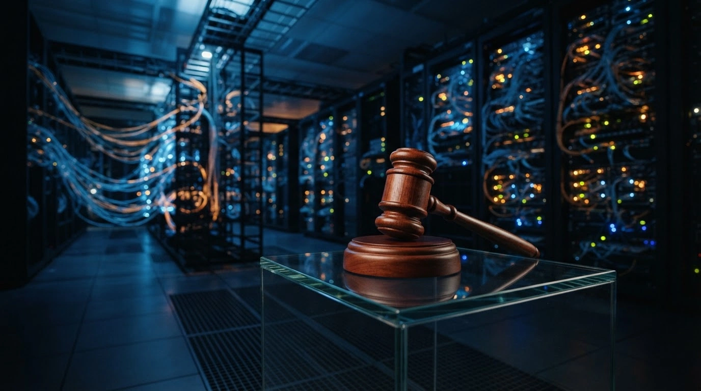 A judicial gavel sits in front of glowing digital server cables to represent the Brazilian Supreme Court inquiry into algorithmic transparency on the platform X.