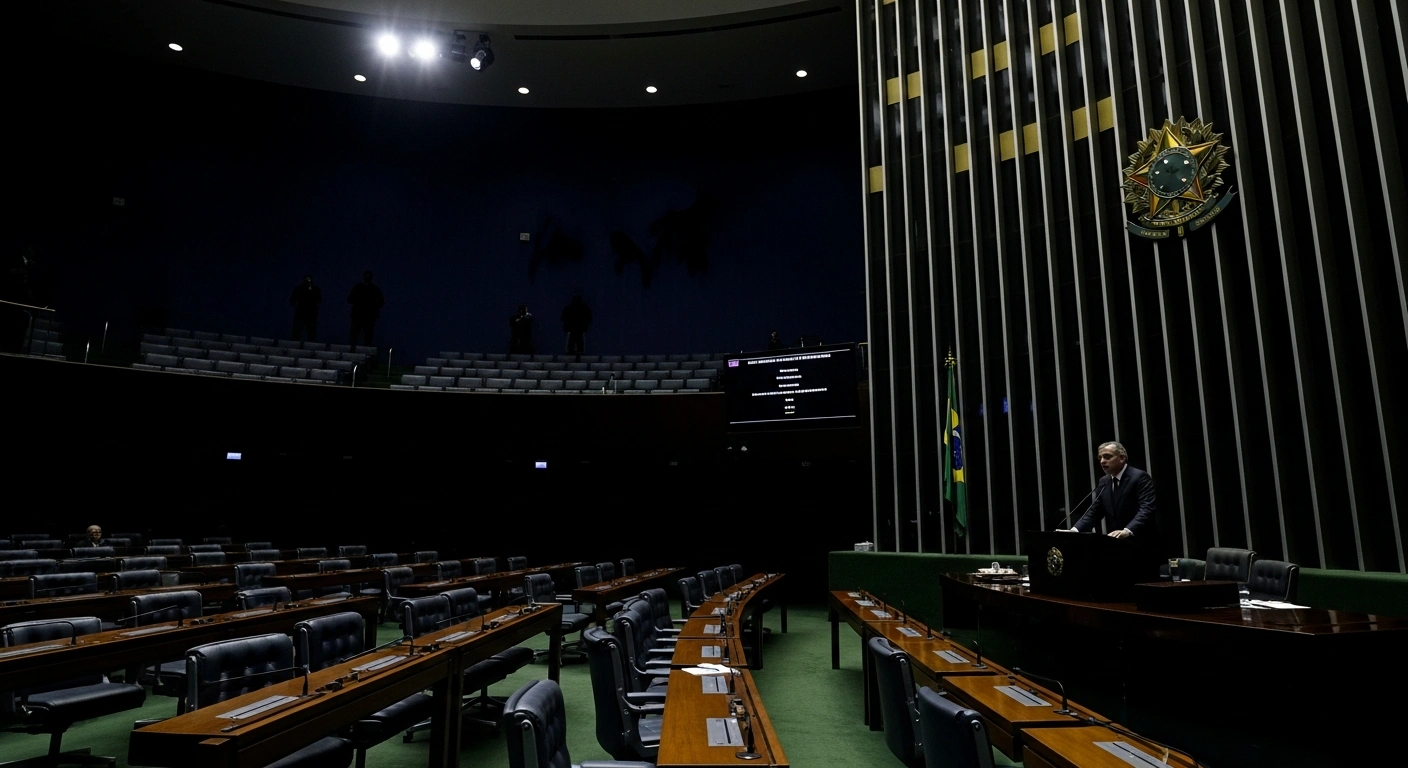 A dramatic, low-angle shot of a Brazilian legislative chamber shows a silhouetted figure at a podium under a harsh spotlight, symbolizing Federal Deputy Guilherme Derrite's substitute bill to equate organized crime, criminal factions, militias, and paramilitary groups to terrorism, extending the Anti-Terrorism Law for harsher penalties.