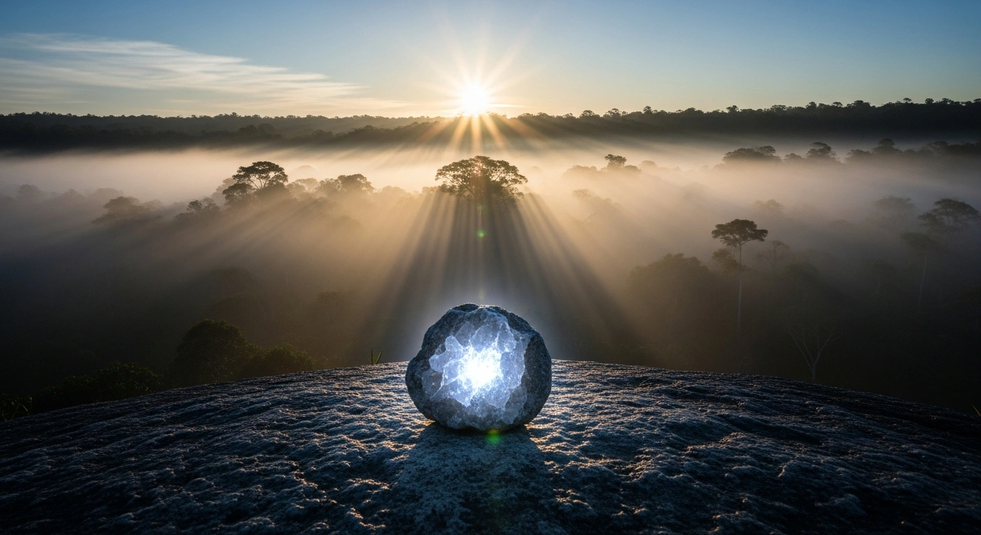 A wide shot of the Amazon rainforest at dawn shows a glowing rock representing Brazil's critical mineral reserves, with two distinct shadows symbolizing the United States and the European Union reaching towards it, while a third distant shadow hints at China's geopolitical influence over materials for green energy and advanced technologies.