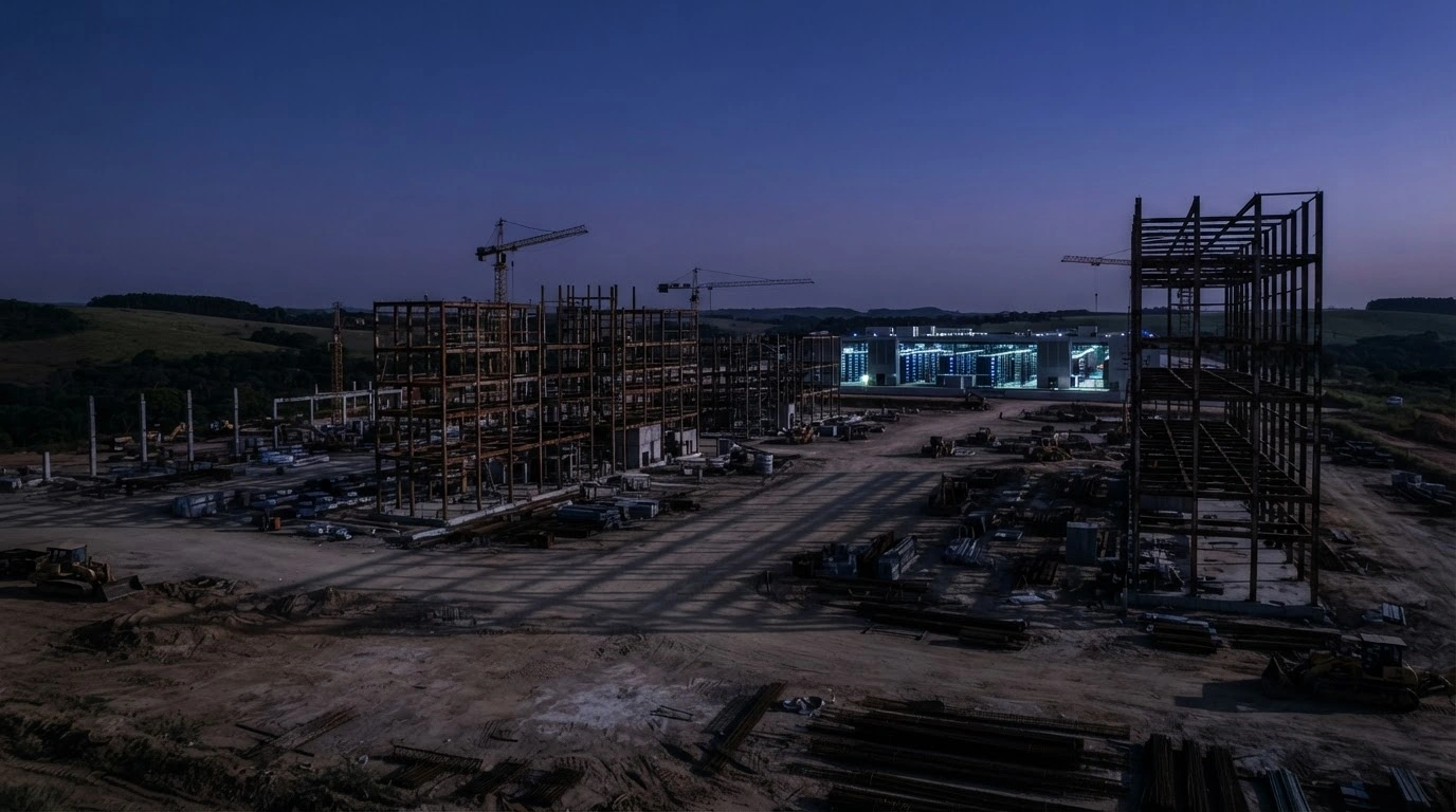 A construction site for a data center in Brazil sits unfinished as financing delays hinder national digital infrastructure projects.