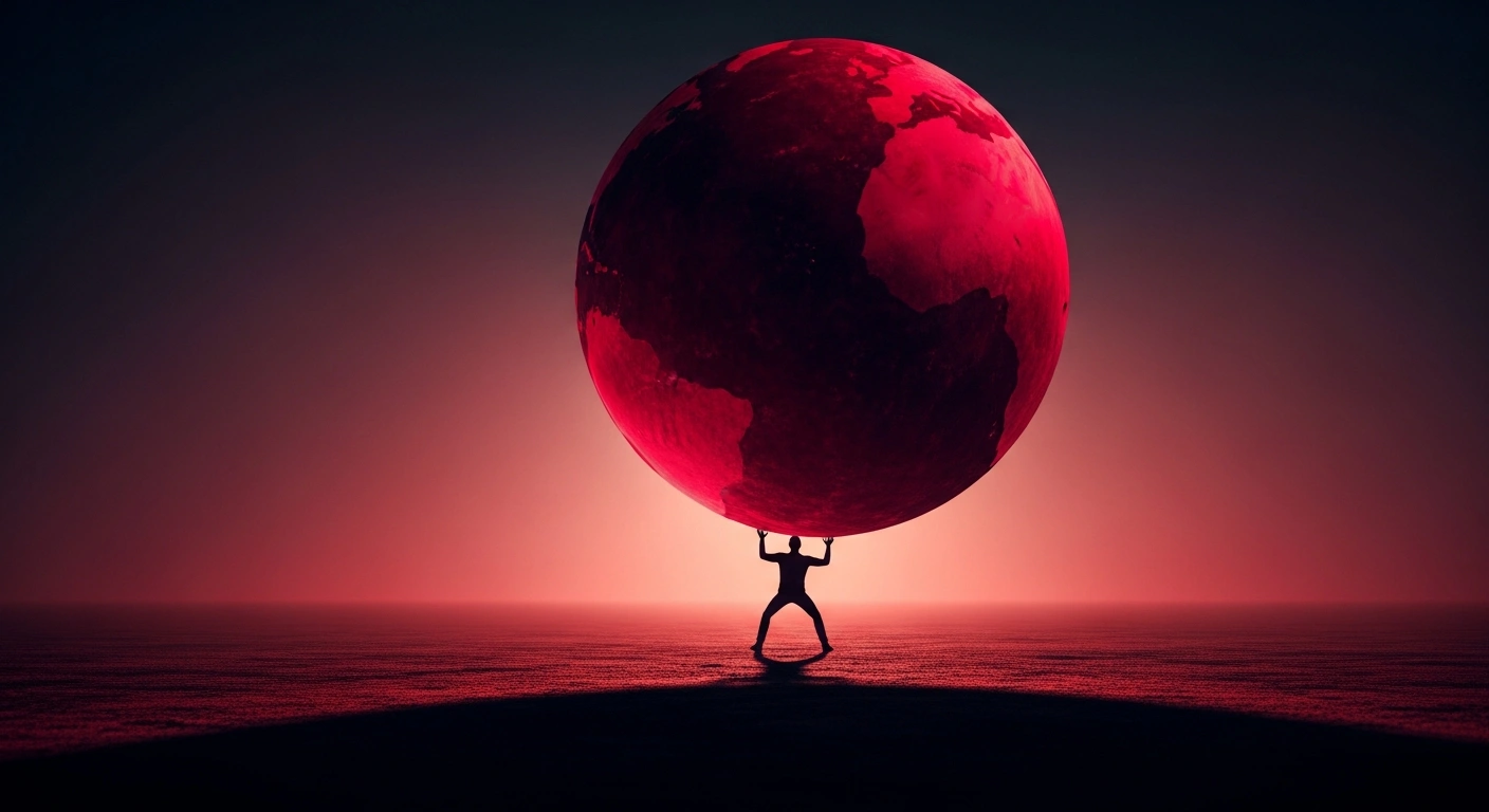 A lone, silhouetted figure, seen from a low angle, strains under the immense weight of a colossal, glowing crimson sphere, symbolizing Brazil's escalating public sector gross debt and profound fiscal challenges.