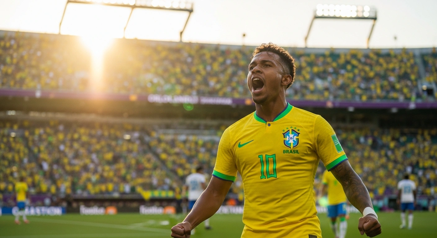 A Brazilian football player celebrates a goal during an international friendly match against Croatia in a packed Orlando stadium.