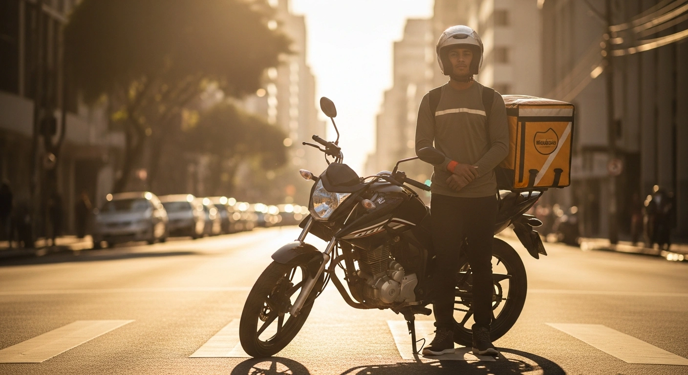 A Brazilian delivery worker stands next to a new motorcycle as part of a government initiative to support gig economy professionals.