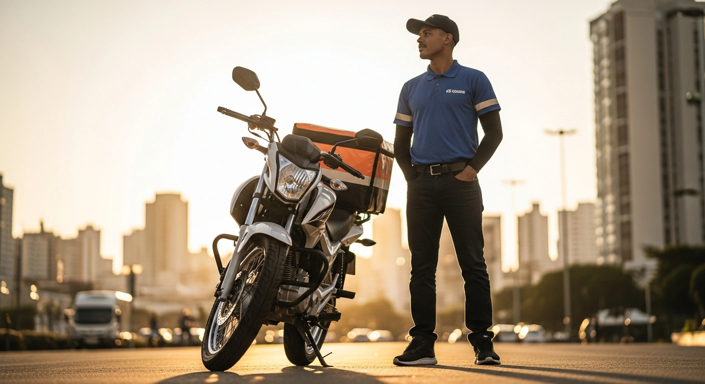 A Brazilian delivery worker stands next to a new motorcycle in an urban setting, representing a government initiative to provide credit for gig economy professionals.