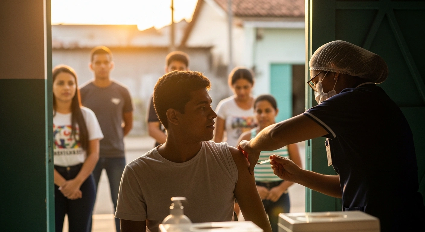 A young adult in a vibrant Brazilian community clinic receives a single-dose Butantan-DV dengue vaccine from a healthcare worker, with other individuals aged 15 to 59 waiting in the background, symbolizing Brazil's new immunization campaign in states like Ceará and Minas Gerais.