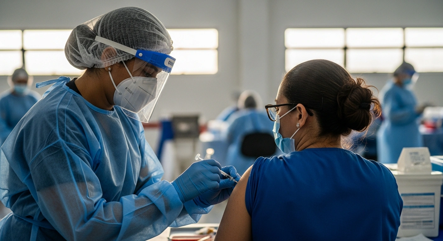 A Brazilian healthcare professional, illuminated by soft light, administers a dengue vaccine to another healthcare worker in a clinic, symbolizing Brazil's nationwide vaccination campaign targeting frontline professionals.