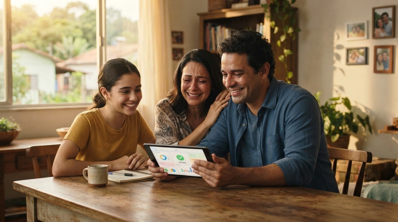 A Brazilian family looks at a tablet with relief as they participate in the Desenrola program to renegotiate their debts and regain financial stability.