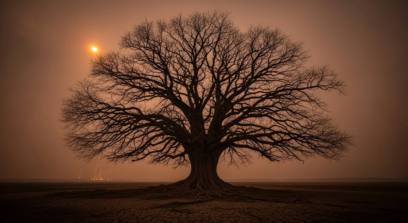 A wide, cinematic shot depicts a majestic, ancient tree with gnarled branches reaching towards a bruised twilight sky, its roots surrounded by parched, cracked ground, symbolizing the impact of Brazil's Congress overturning environmental licensing rules after the COP30 climate summit.