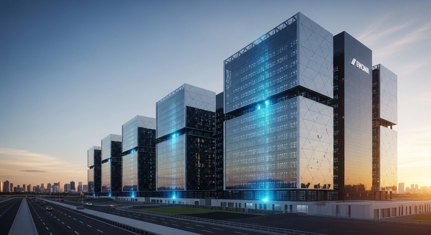 A colossal, ultra-modern data center complex in Brazil, illuminated by a golden sunset, symbolizes the country's expanding digital infrastructure, driven by AI and cloud computing, and its role as a key Latin American digital hub attracting significant investment.