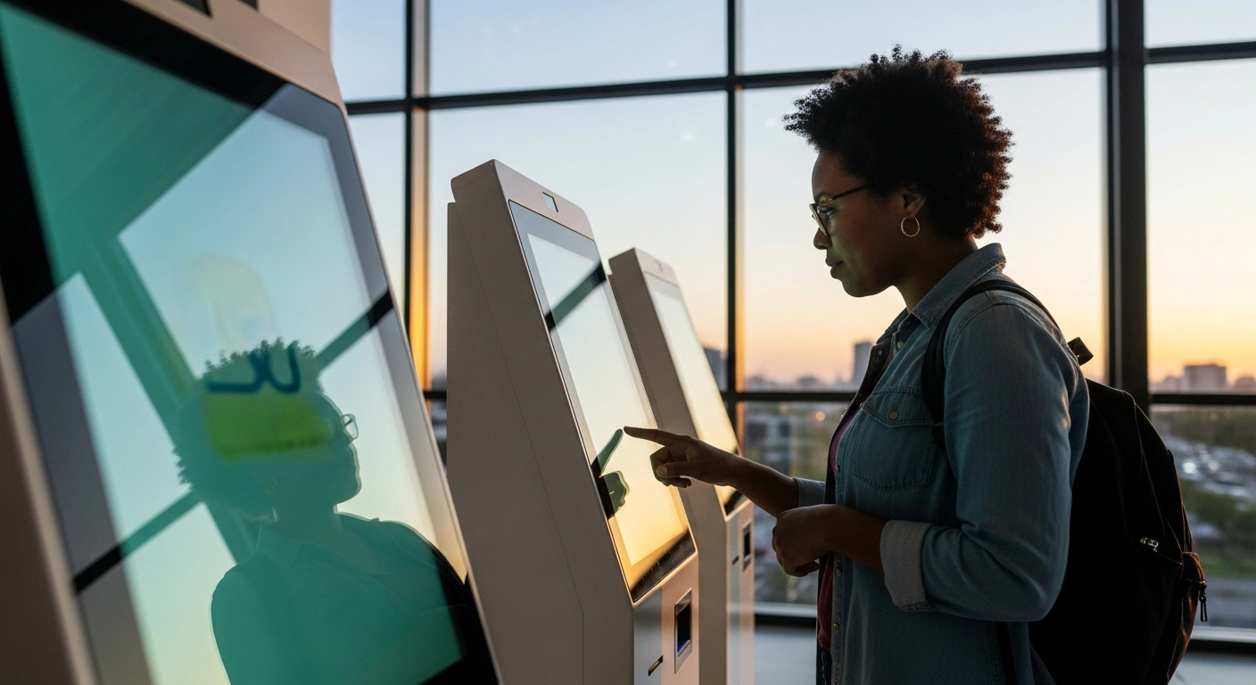 A traveler interacts with a glowing digital kiosk at a modern, sunlit airport, symbolizing Brazil's digital innovation in its travel sector, including electronic visitor visas and cross-border digital identity solutions, designed to streamline entry and enhance security.