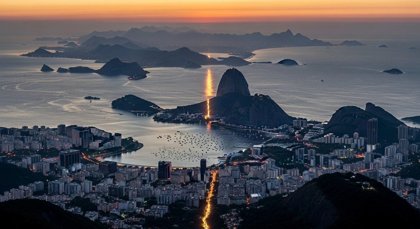 A wide, cinematic shot depicts the Rio de Janeiro skyline at dusk, with a subtle, shimmering river of golden light flowing away from the city into the ocean, visually representing Brazil's second-largest net dollar outflow on record in 2025, totaling USD 33.316 billion, as reported by the Central Bank.