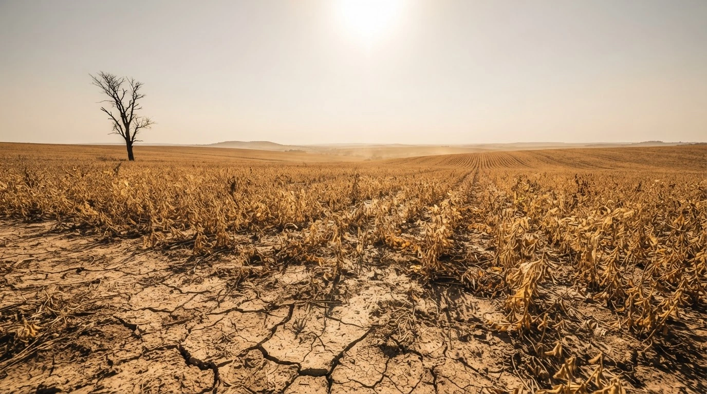 A parched and cracked agricultural field in Brazil shows the severe impact of drought and above-average temperatures on the nation's crops.