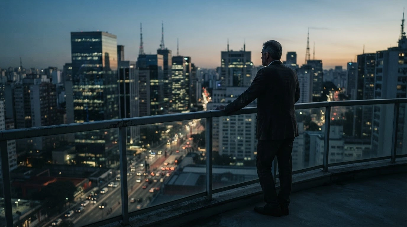 A businessman stands on a balcony overlooking the São Paulo financial district, representing the recent decline in Brazil's economic activity.