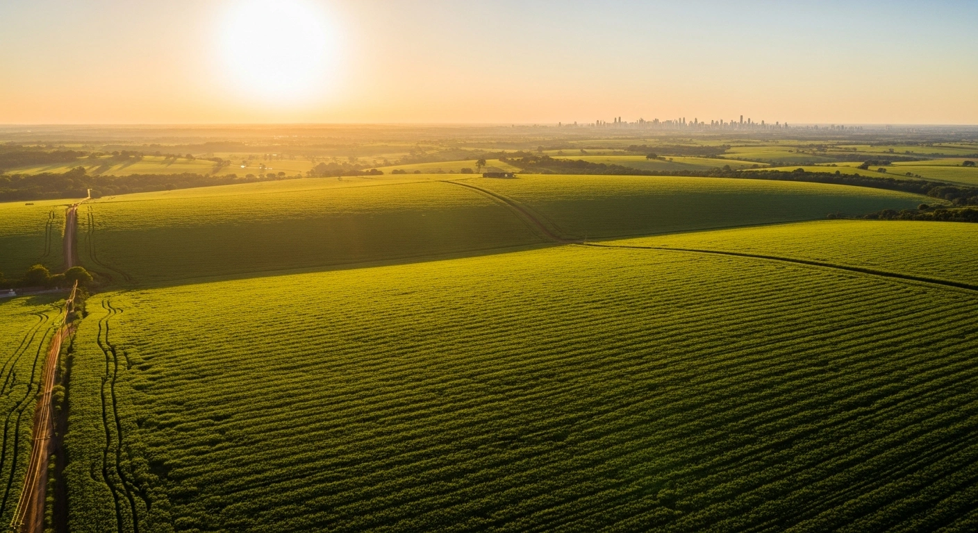 A wide-angle, elevated view captures vast, verdant Brazilian farmland under a golden sunset, with a modern city skyline visible in the distant haze, symbolizing the country's economic growth driven by agriculture, industry, and services.