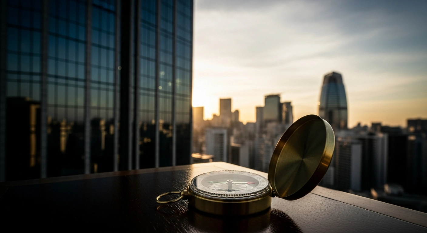 A brass compass sits on a desk in front of a blurred financial district, representing the shifting economic projections of the Central Bank of Brazil.