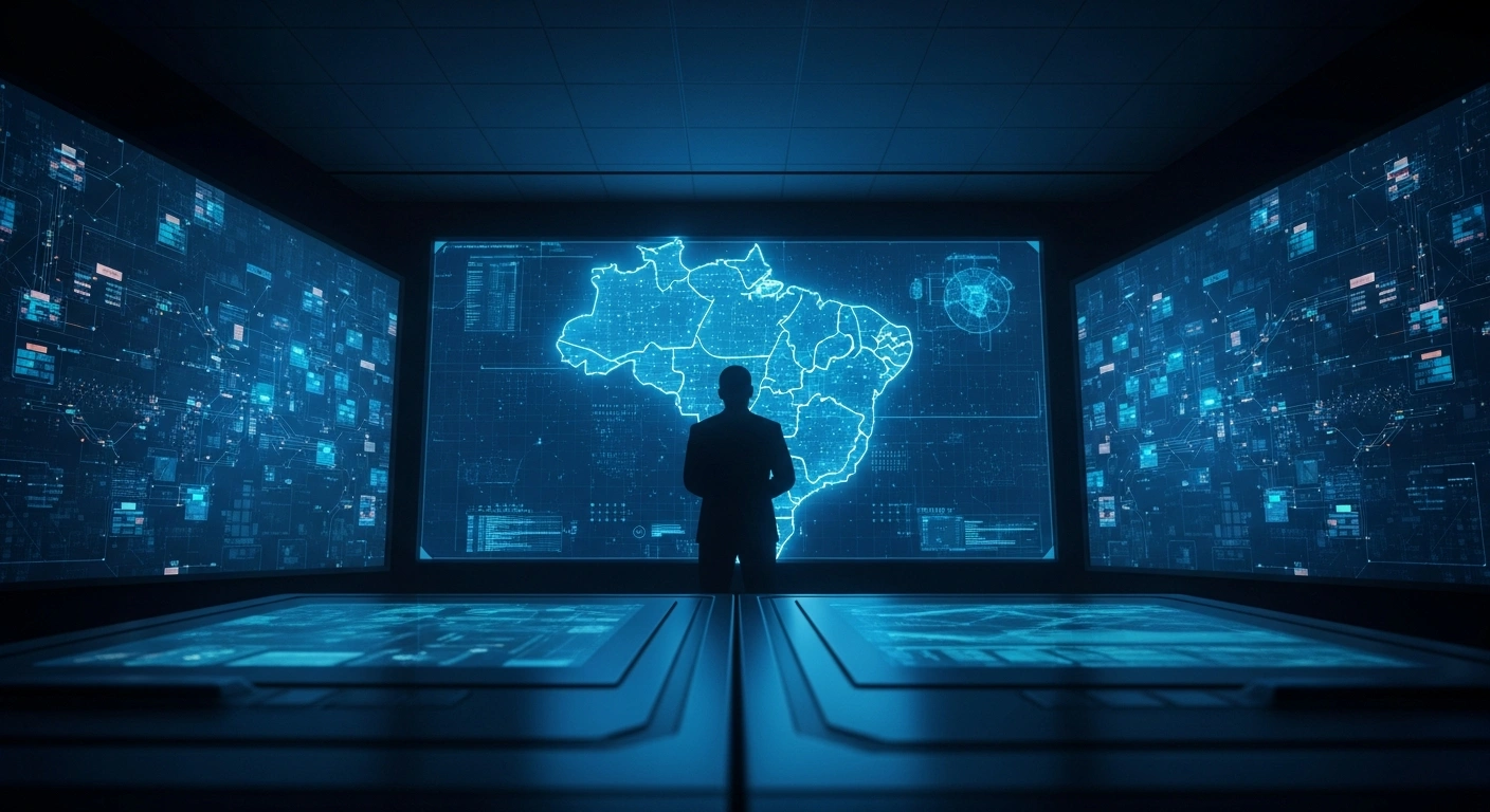 An official monitors digital data streams on a large screen to combat social media manipulation and protect the integrity of Brazilian elections.