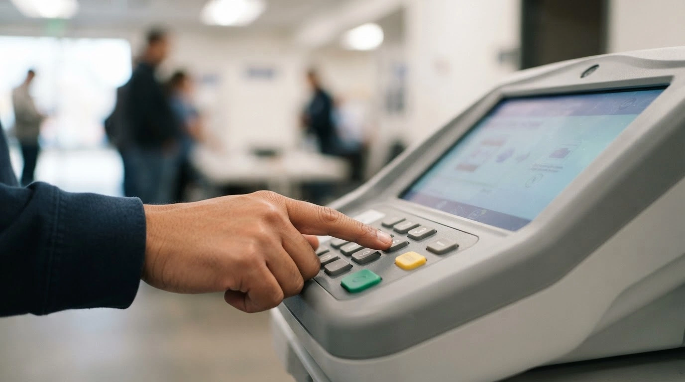 A voter interacts with an accessible electronic voting machine featuring enhanced interface design during a Brazilian election.