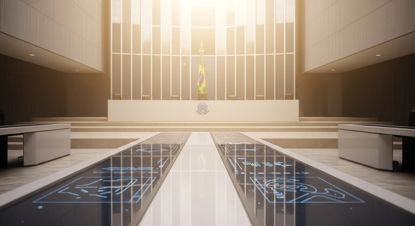 A modern, golden-lit judicial hall featuring subtle digital interfaces, symbolizing Brazil's Superior Electoral Court (TSE) approving new resolutions for the October 2026 general elections, addressing campaign finance, voter accessibility, and artificial intelligence to ensure a fair and transparent process.