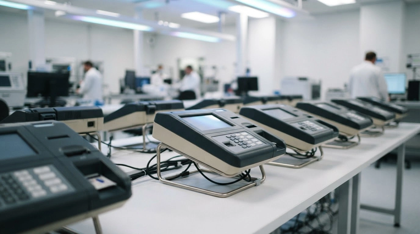 Electronic voting machines are prepared for integrity testing at the Regional Electoral Court to ensure secure and transparent elections in Brazil.