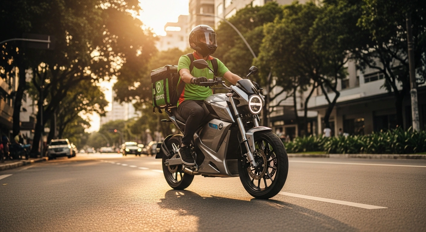 A delivery worker rides a modern electric motorcycle through a sunny Brazilian city street as part of a government initiative to promote sustainable urban mobility.