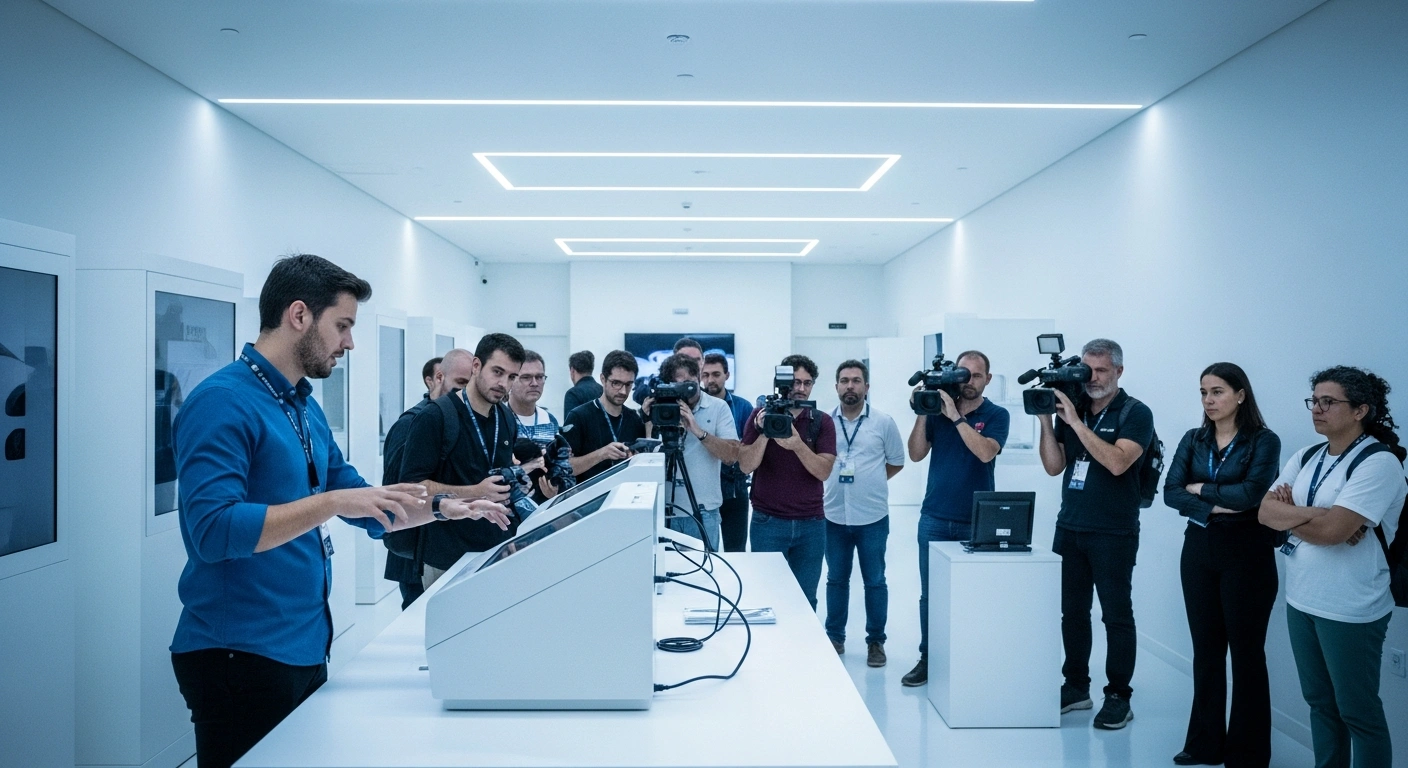 A technician demonstrates the security of an electronic voting machine to a group of citizens and journalists at a transparency event held by the Regional Electoral Court of Rio de Janeiro.