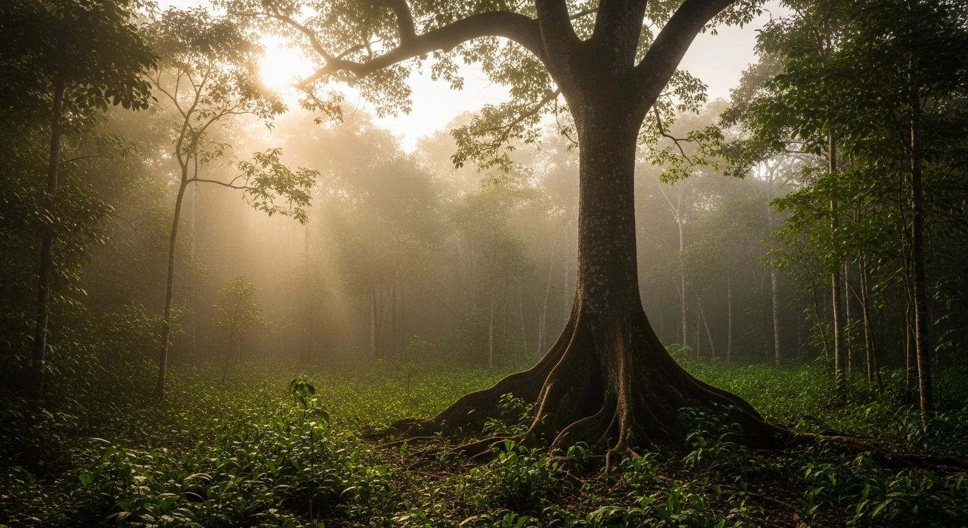 A wide shot of the Amazon rainforest at dawn, with a majestic Kapok tree in the foreground, symbolizes Brazil's 16.7% drop in greenhouse gas emissions in 2024 due to reduced deforestation, yet highlights the challenge of missing 2025 and 2035 climate targets.