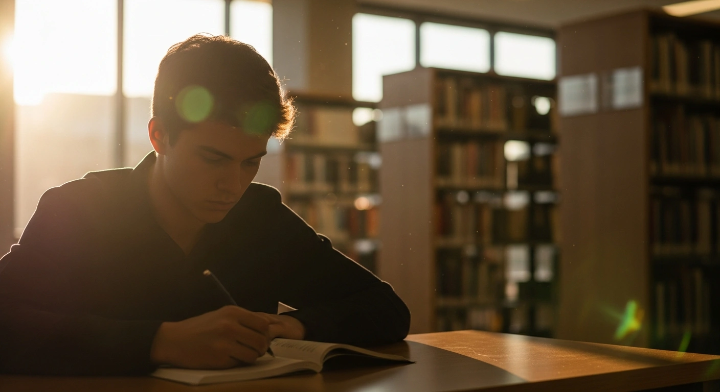 A focused student studies at a desk in a library while preparing for the 2026 National High School Exam in Brazil.