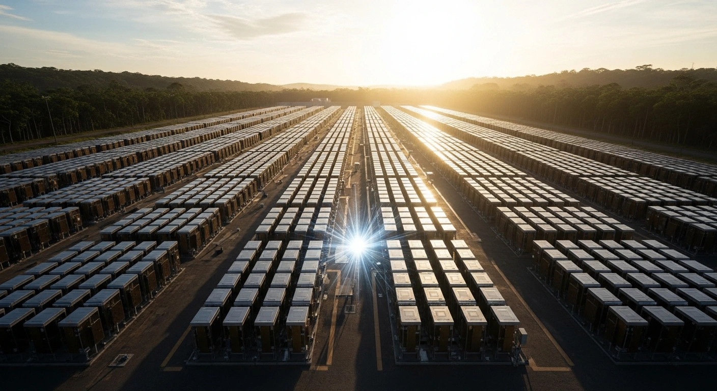 A sprawling, ultra-modern energy storage facility with rows of gleaming battery modules is bathed in golden early morning light within a lush Brazilian landscape, symbolizing the forecast that commercial and industrial energy storage installations in Brazil will surpass 2 GWh by 2026, supported by new regulatory frameworks.