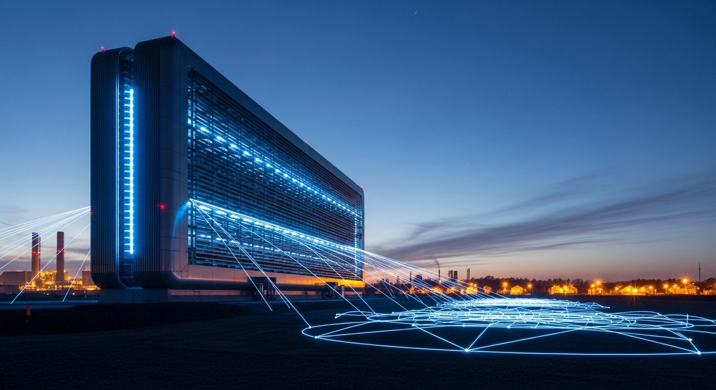 A futuristic battery energy storage facility, glowing blue, stands against a twilight sky, with a network of light lines connecting to a power plant and fading before residential lights, symbolizing Brazil's ANEEL regulating battery energy storage systems, network usage, and cost allocation between generators and consumers.