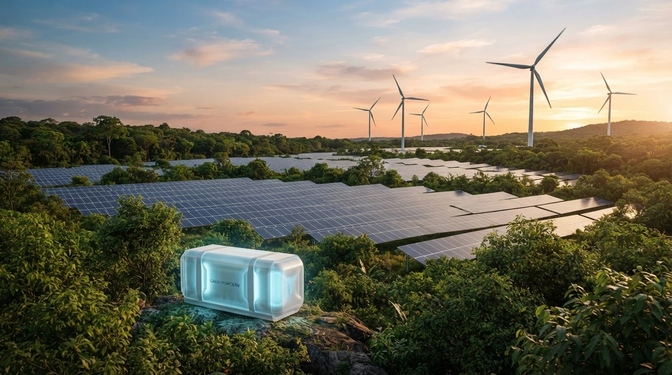 A modern solar farm and wind turbines stand in a lush Brazilian landscape to represent the country's new energy transition decrees.