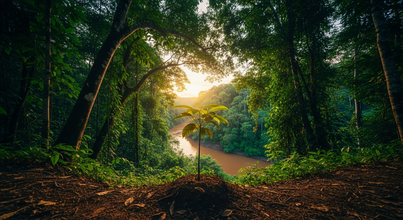 A lush Amazon rainforest landscape represents the Brazilian government's new environmental investment package for conservation and sustainable development.