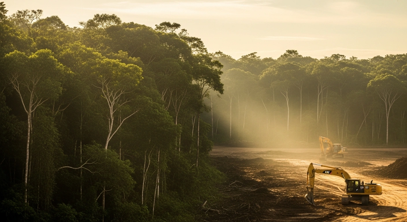 A construction site borders a dense Brazilian rainforest, illustrating the tension between economic development and environmental protection following a legislative vote.