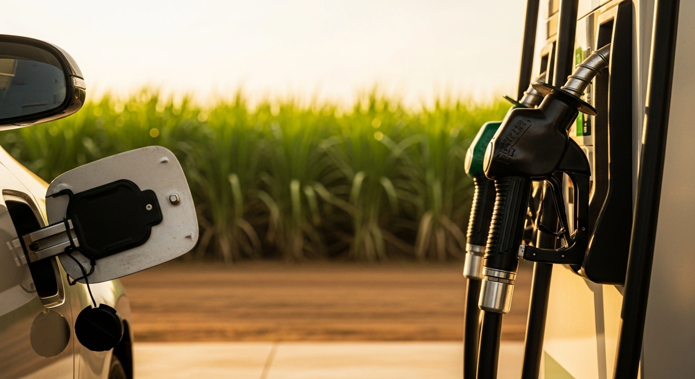 A fuel pump nozzle fills a vehicle with gasoline at a station surrounded by lush sugarcane fields in Brazil to represent the increased ethanol blend policy.