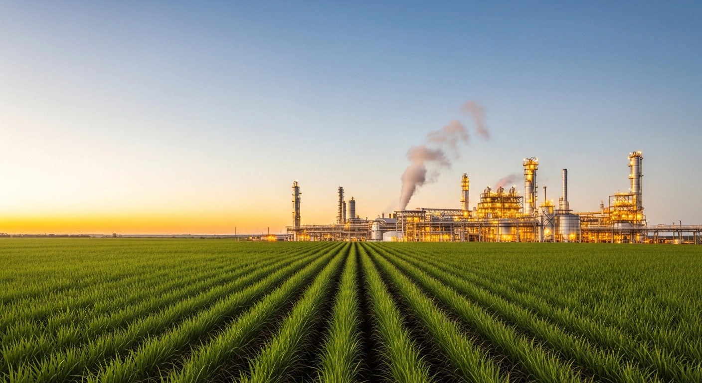 A vast sugarcane plantation surrounds a modern biofuel refinery in Brazil, representing the country's growing role in global ethanol exports.