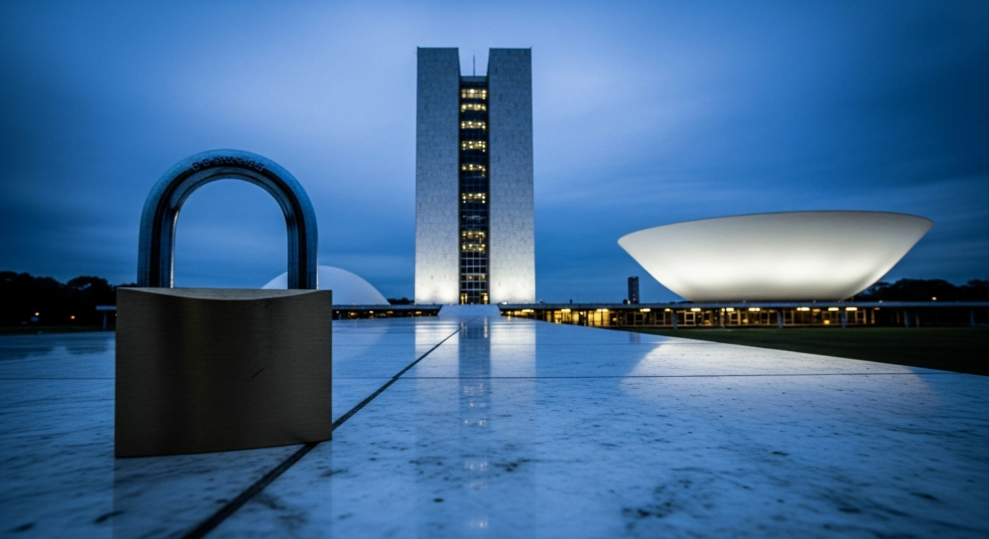 A large brass padlock rests on a marble surface in front of a government building in Brazil, representing the federal government's decision to freeze spending to meet fiscal targets.