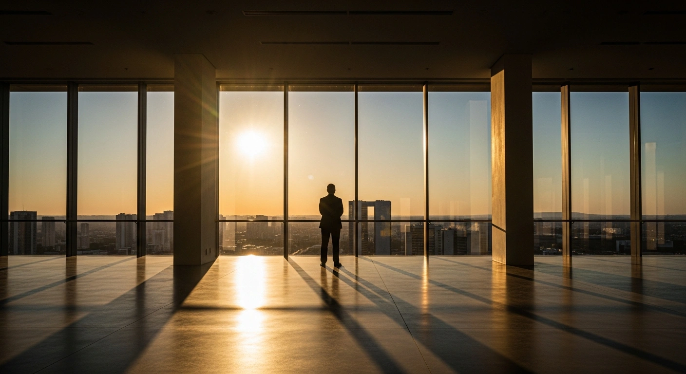 A dramatic, cinematic image of Brazil's Finance Minister Fernando Haddad standing in a modern financial skyscraper in Brasília, silhouetted against a sunlit cityscape, symbolizing his proposal to expand the central bank's regulatory mandate over investment funds to strengthen financial system oversight.