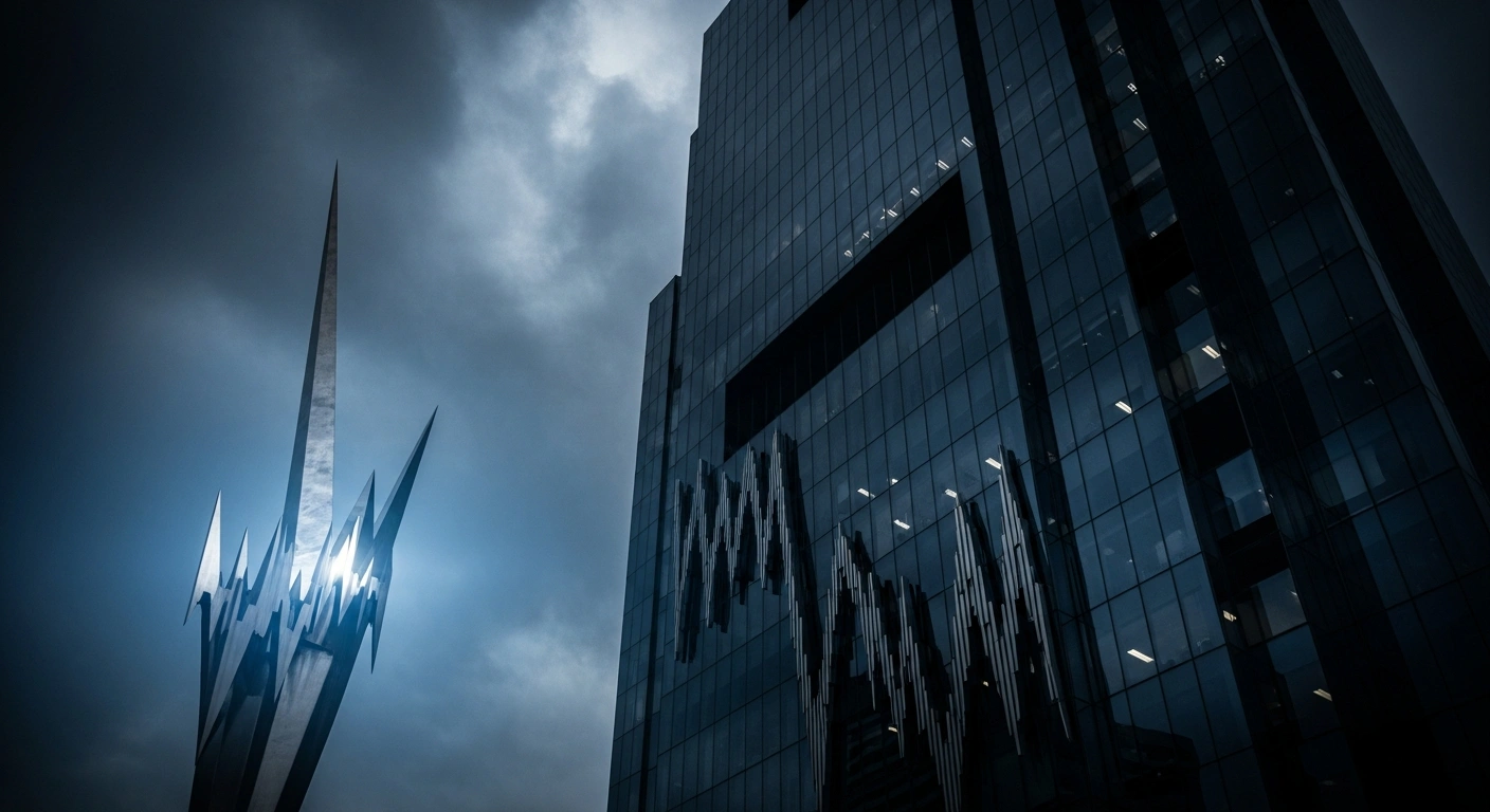 A modern financial district building stands under a stormy sky, representing the volatility of the Brazilian real against the dollar and the impact of Central Bank monetary policy.