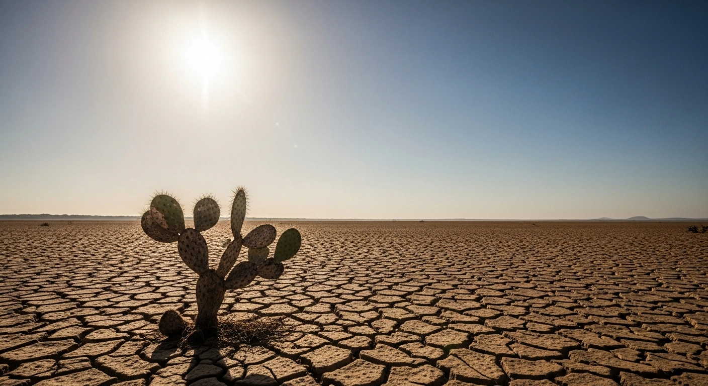 A wide, low-angle shot depicts a vast, desolate landscape with cracked, ochre-colored earth and a wilting cactus under a bleached-out sun, representing Brazil's newly classified first arid region in Bahia due to climate change and decreased rainfall.