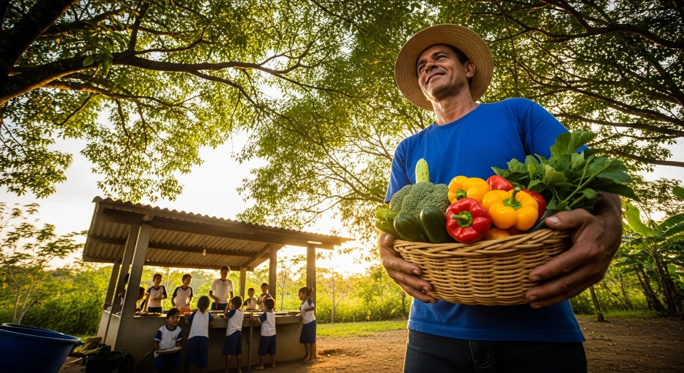 A proud Brazilian farmer, bathed in golden hour light, holds a basket of vibrant, freshly harvested produce, while in the mid-ground, children joyfully eat a healthy school meal outdoors, illustrating the impact of investments in Brazil-led food systems, regenerative agriculture, and nutritious food for children.